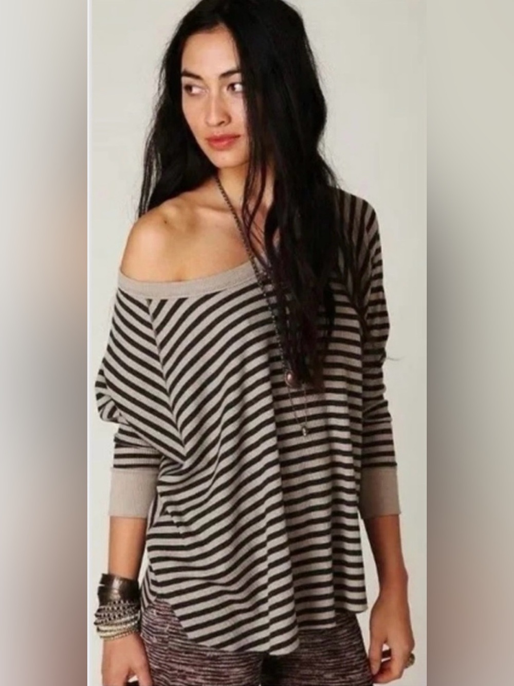 Free People We The Free Love Bug Striped Thermal Top XS Boho Oversized